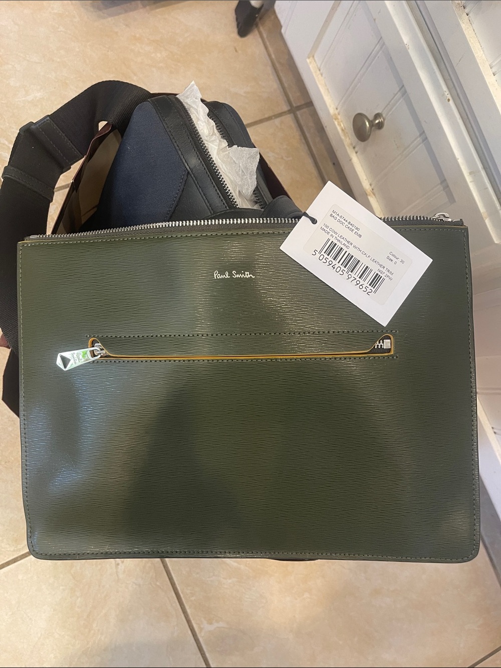 Paul Smith Dark Olive Green Leather Messenger Bag with Front Zip